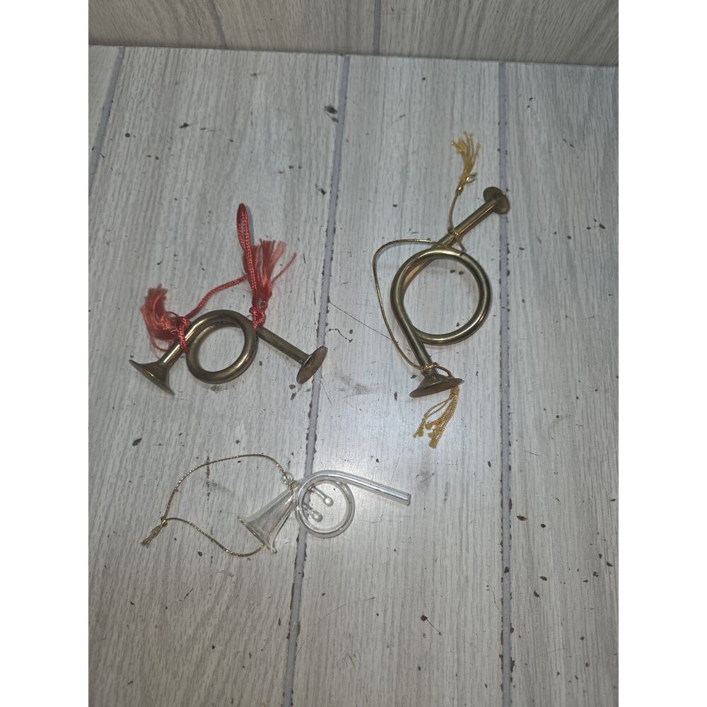 Vtg Miniature Decorative Brass French Horns 2 Brass 1 Glass Christmas Ornaments